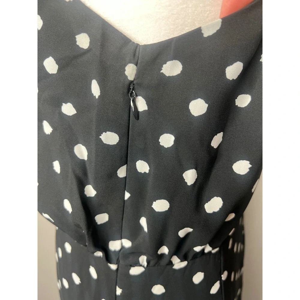 Women's Black White Polka Dot Halter Midi Dress Bow Neck Tiered Ruffle M
